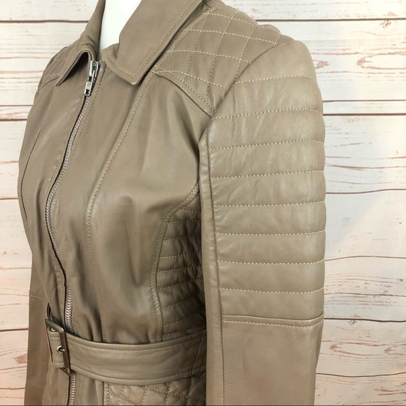 Vintage Cache Taupe Quilted Genuine Leather Beige Belted Moto Jacket - Picture 5 of 11